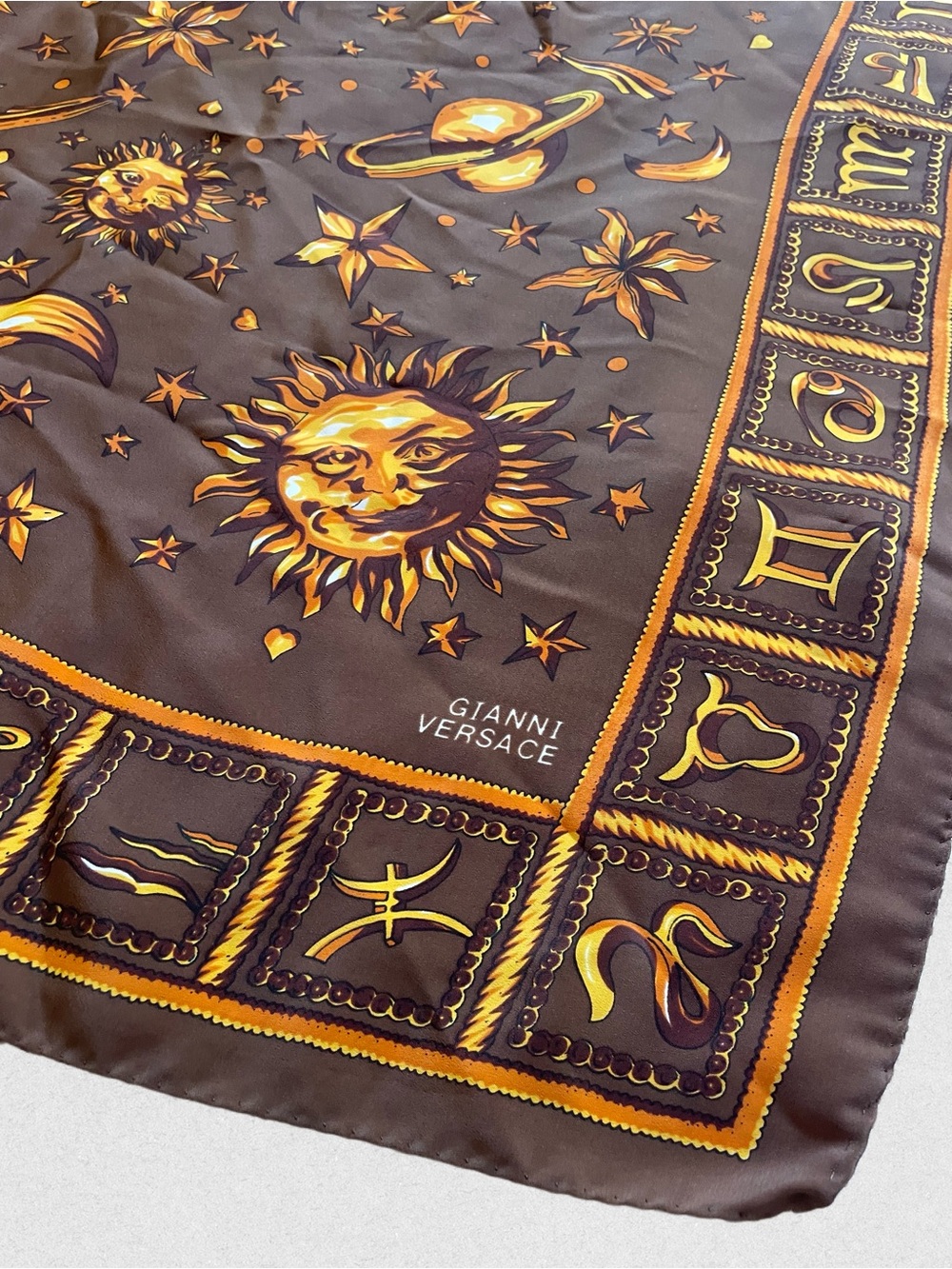 Vintage Gianni Versace Sun & Zodiac Silk Scarf - Brown & Gold
